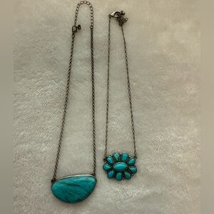 Faux Turquoise Stone Pendant Adjustable Necklaces - Teardrop & Flower Cluster